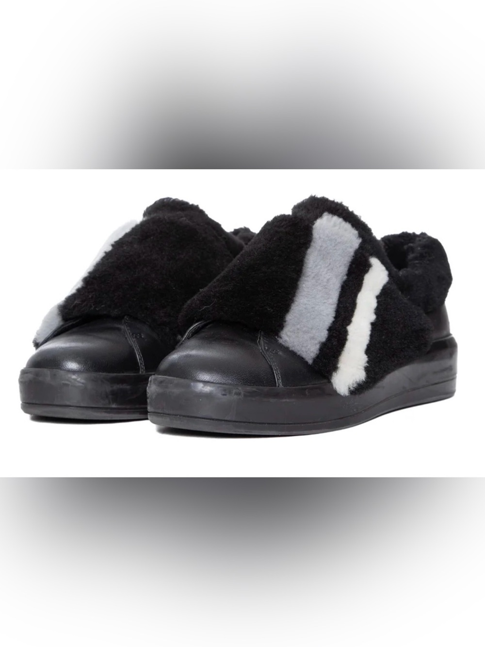 Prada Black, Gray & White Shearling Slip-On Sneakers